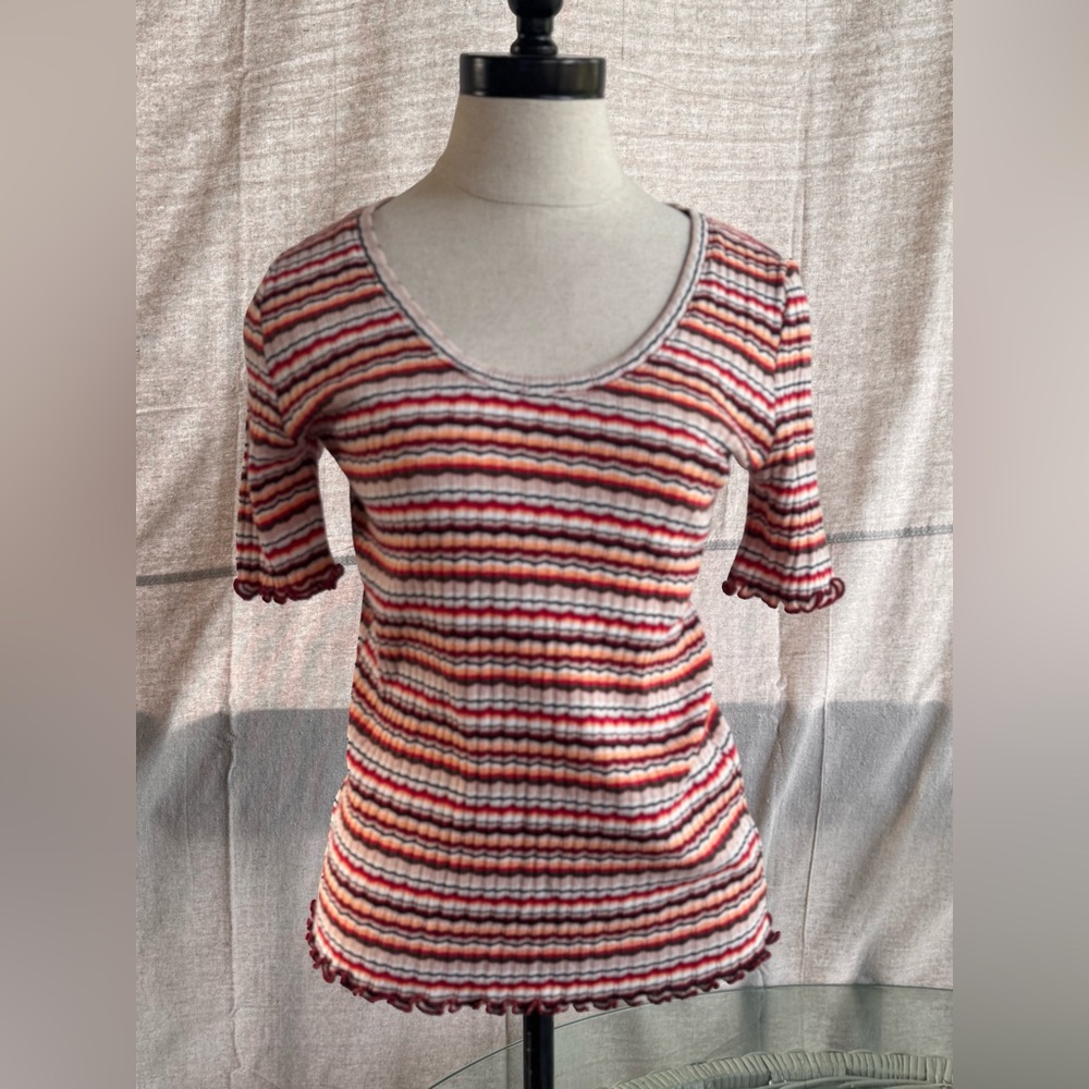 LOFT Red and White Striped Short Sleeve Top